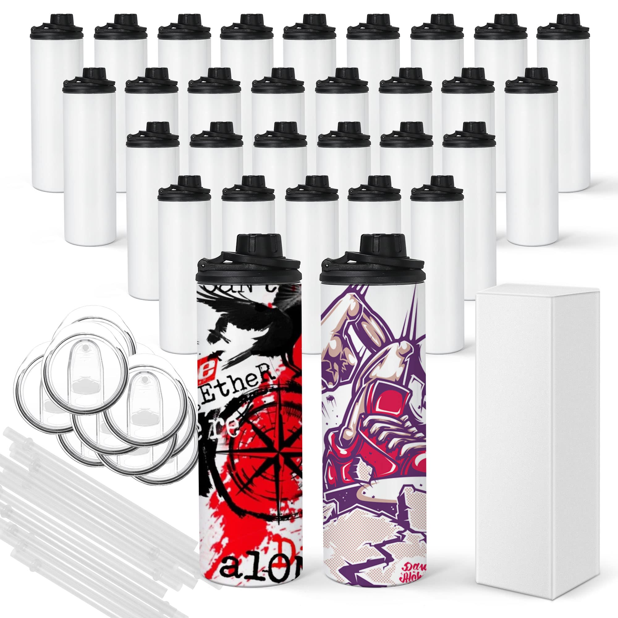 30 Pack Sublimation Water Bottle Blanks 20 oz Sublimation Sports Water Bottle with Handle Stainless Steel Sublimation Tumbler Blanks with Lids and Straws, Individually Box, White, DIY Gift